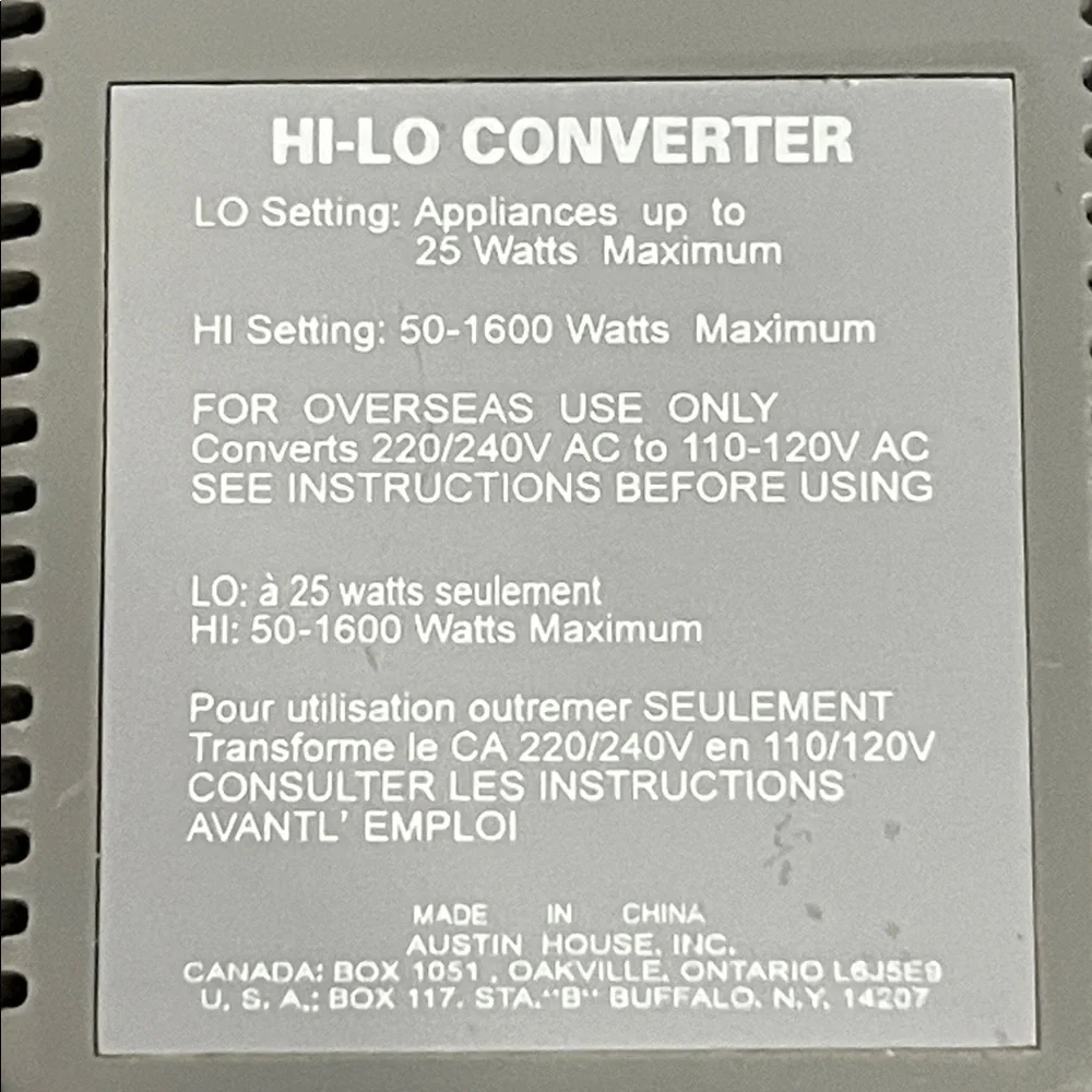 Austin House Hi-Lo Electrikit 1-25 and 50-1600 Watts Converter Mini Transformer
